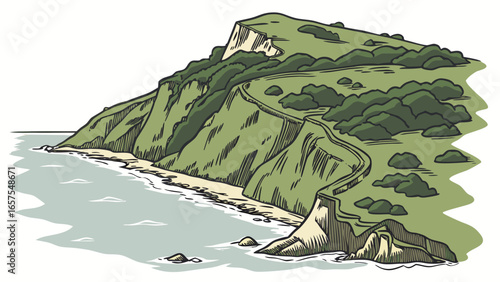 Vector art of picturesque island with a winding path along the cliffside, offering stunning views of the sea and landscape