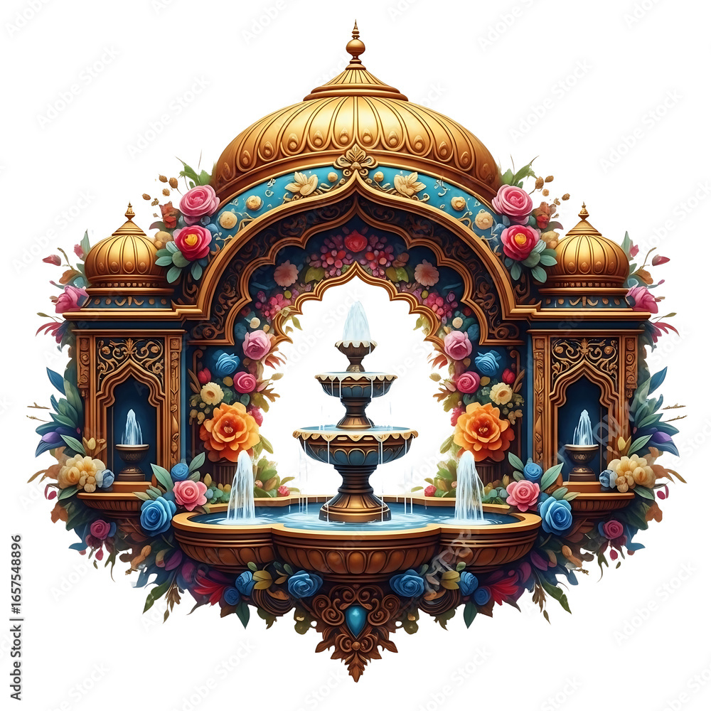 Fototapeta premium Ornamental Fountain With Golden Dome And Floral Accents Detailed Artistic Design