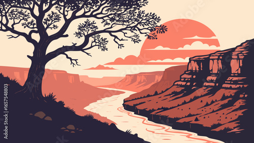Vector art of scenic view of a grand canyon landscape with a river, tree, and sunset, showcasing the beauty of nature and geological formations