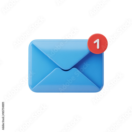 Blue envelope with one unread message notification on transparent background, a 3d rendering