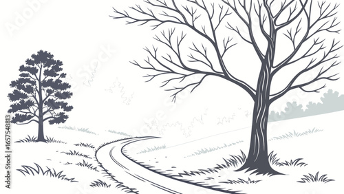 Vector art of serene countryside landscape featuring a winding road, a bare tree, and a distant tree