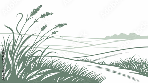 Vector art of serene countryside landscape illustration with rolling hills, fields, and a winding path, perfect for adding a touch of nature to your designs