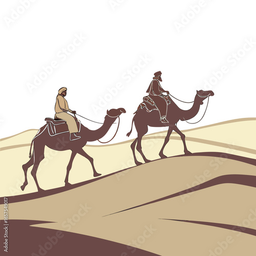Vector art of two people and two camels are walking in the desert, with sand dunes in the background, in a hot and sunny day