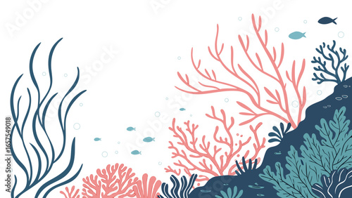 Vector art of underwater world with coral reef, fish and seaweed, a vibrant and colorful marine ecosystem illustration