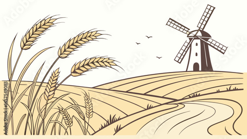 Vector art of vintage illustration of a wheat field with a windmill, capturing the essence of rural life and farming