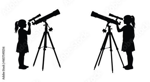Two girls looking through telescopes in silhouette against a white background