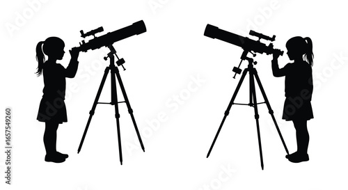 Two girls looking through telescopes in silhouette on white background