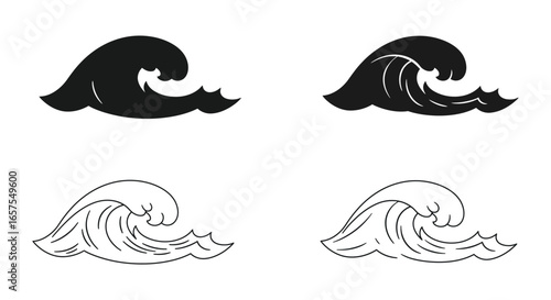 Collection of wave icons in different styles and colors on white background silhouette
