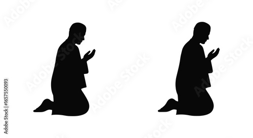 Two people kneeling in prayer on white background in black silhouette
