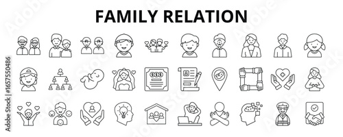 30 Family Relation Line Icons Vector - Parent, Children, Grandparent, Uncle, Aunt, Marriage, Sibling 