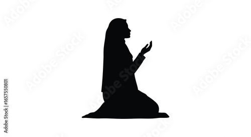 Woman in prayer silhouette kneeling in devotion with hands raised