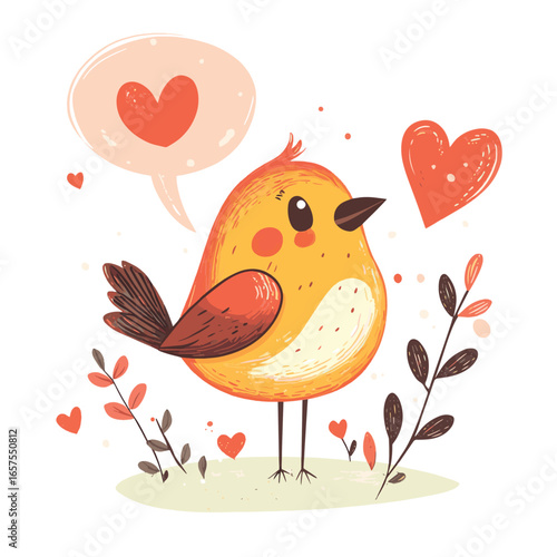 Cute bird with speech bubble with heart illustration. Valentine's day decorative element. Stock vector illustration isolated on white background