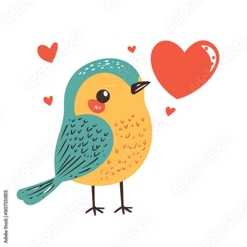 Cute bird with speech bubble with heart illustration. Valentine's day decorative element. Stock vector illustration isolated on white background