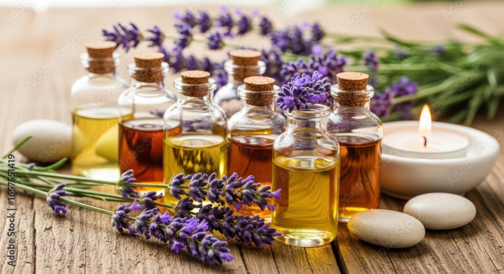 Aromatic lavender essential oils in glass bottles are arranged with fresh lavender flowers, stones, and a candle a rustic wooden table for spa and wellness Aromatic lavender essential oils in glass bottles are arranged with fresh lavender flowers, stones, and a candle a rustic wooden table for spa and wellness