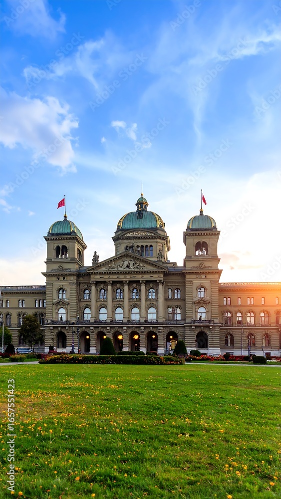 Naklejka premium Swiss parliament building at sunset
