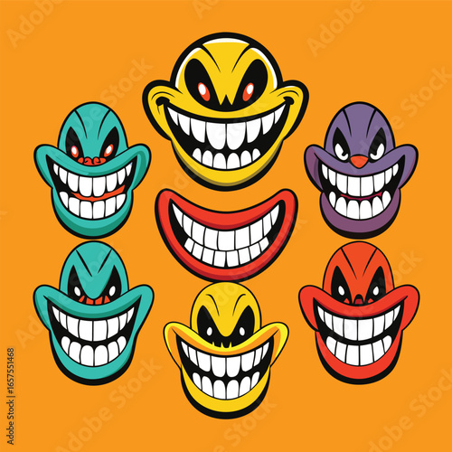 A collection of colorful, cartoonish, grinning faces with wide smiles and sharp teeth, set against an orange background.