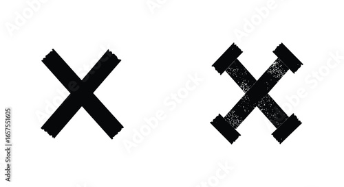 Two black x marks with different textures on a white background silhouette