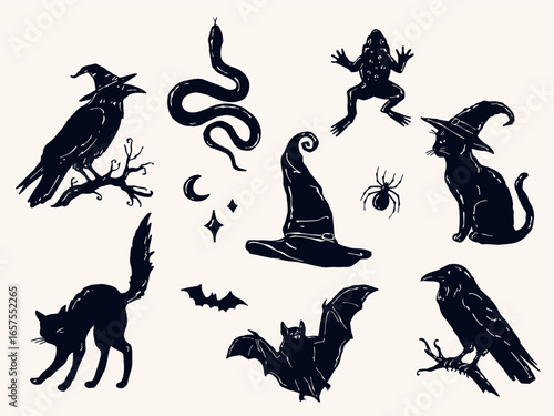Witch familiar animals vector set with hand drawn black cats, raven, bat, snake, frog, spider, and witch hat for Halloween and mystical projects
