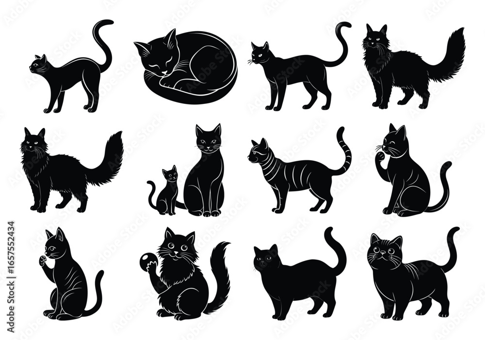 Obraz premium Black cat silhouette vector set on white with playful, sleeping, and various Poses