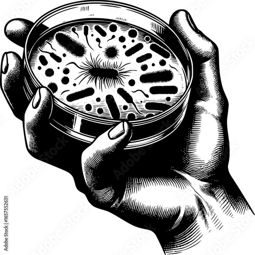 Hand Holding a Petri Dish: A detailed illustration of a hand delicately holding a petri dish, the glass revealing an intricate world of microbiological activity.