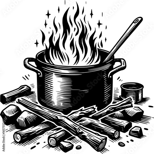 Campfire Cooking Illustration: A detailed black and white illustration of a cooking pot over a roaring campfire, evoking the spirit of outdoor culinary adventures and wilderness self-sufficiency.