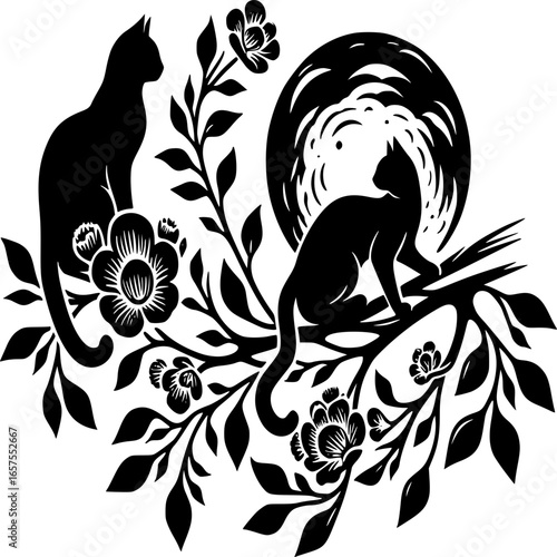Mystical Cat Serenade: Two silhouettes of elegant feline creatures perch amidst delicate floral branches and an ethereal moon, an artistic expression in bold contrast.