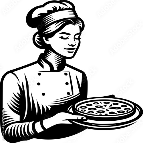 Culinary Artistry: A chef proudly presents a freshly baked pizza, the aroma of deliciousness filling the air. A captivating scene, perfect for food-related projects.