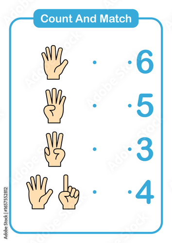 Children's math matching game worksheet featuring hand counting gestures and numbers for early education learning