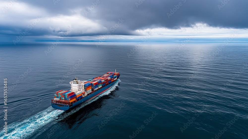 Obraz premium Cargo ship on open sea under cloudy sky
