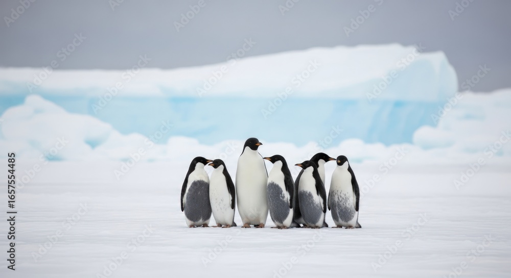 Obraz premium A charming group of penguins huddled together icy expanse of antarctica, capturing essence of wildlife in a cold and pristine environment