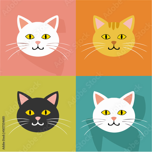 Four Minimalist Cat Silhouettes in a Grid Layout, Each with a Stylized Curved Tail