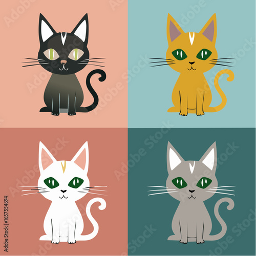Four minimalist cat silhouettes, each with a stylized curved tail, are displayed in a charming grid layout, offering a simple and delightful illustration of feline elegance.