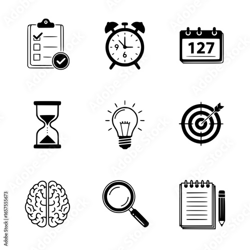 Mastering Productivity with icons for planning, time management, ideas, goals, and research