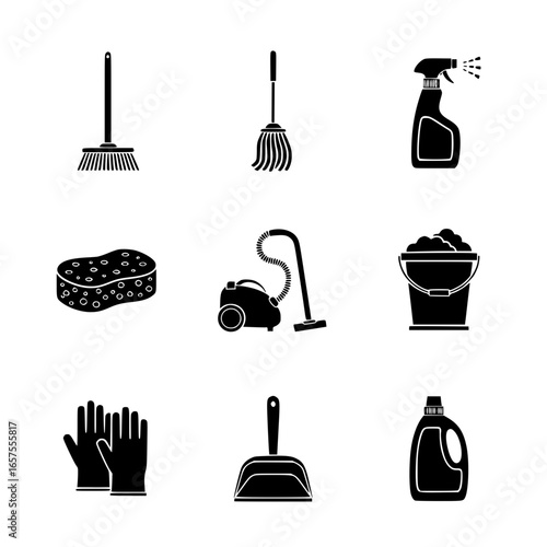 Essential cleaning tools collection for a spotless home and professional hygiene services