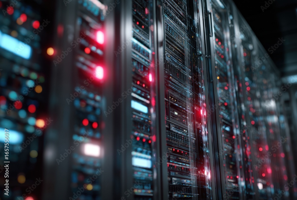 Fototapeta premium Data Center with Server Racks and Network Equipment Emitting Multicolored Lights in a High-Tech Environment