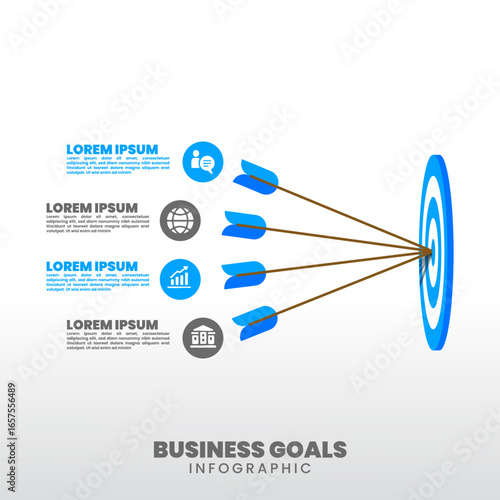 MobileFlat vector infographic with multiple arrows hitting a target, symbol of teamwork, focus, and goal achievement. Modern 4 steps design for business strategy and marketing.