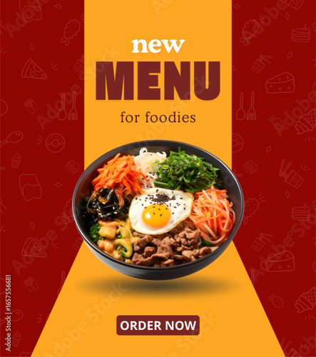 New menu Korean food on yellow and red background. Modern design of food menu template editable for brochure, poster, banner, advertise