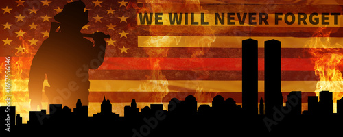 Patriot Day. Background with New York City Silhouette. September 11. 3d Illustration.