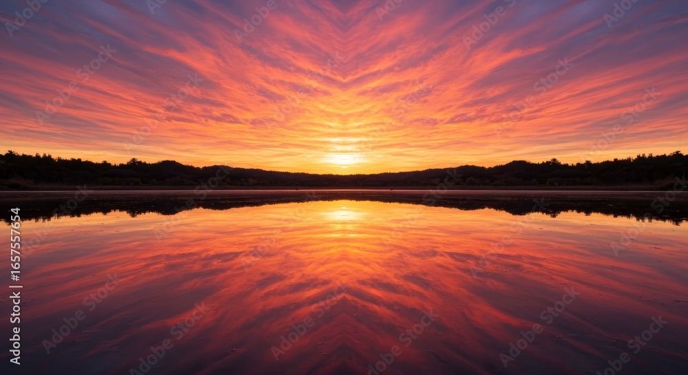 Fototapeta premium Symmetrical view of orange sunset sky and water reflected