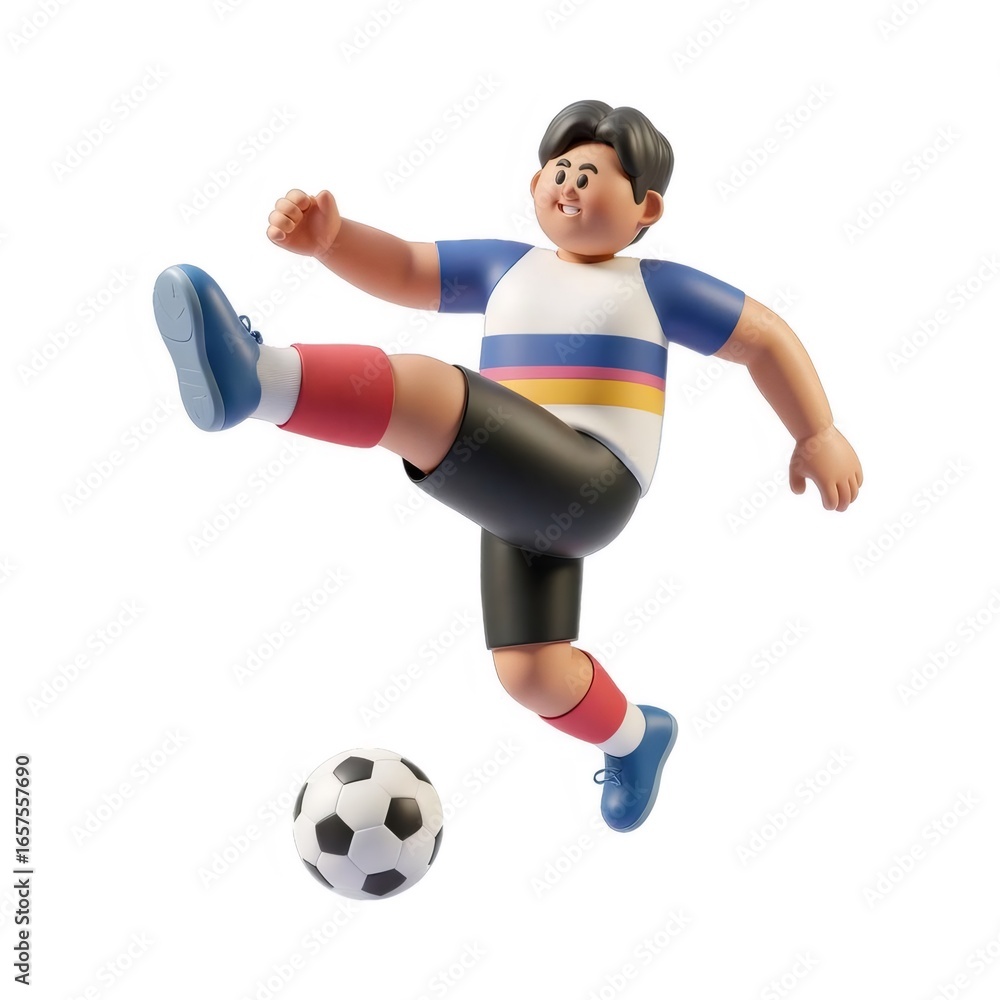 Fototapeta premium サッカー少年がボールを蹴る様子 白背景にカラフルなスポーツウェア姿の3Dイラスト