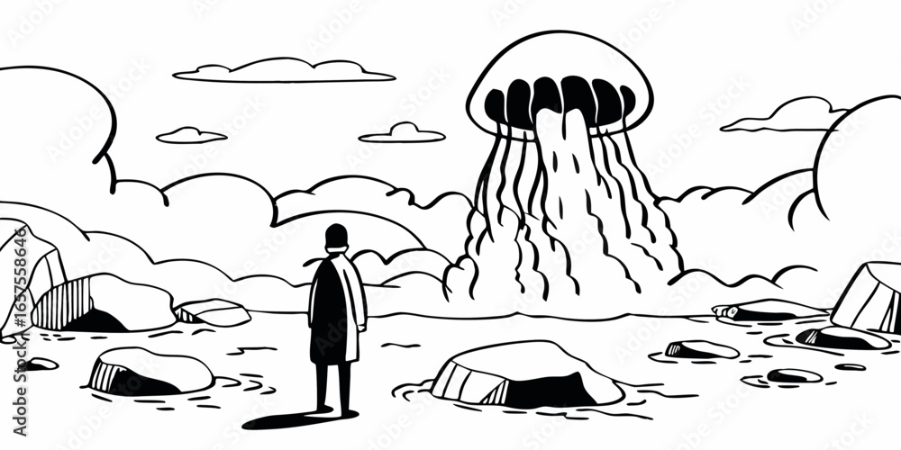 Obraz premium A lone figure gazes at a colossal jellyfish hovering above the sea amidst a rocky and cloudy landscape on transparent background