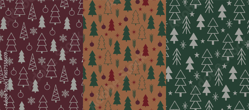 Christmas tree seamless patterns vector flat style plum brown green colors festive texture for wrapping paper textiles greeting cards winter holiday decoration