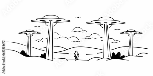 Line art depicting an alien invasion with ufos landing near a lone human in a desolate landscape on transparent background