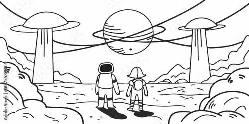 Astronauts on a distant planet looking at a planet with rings and ufos in the sky above them on transparent background