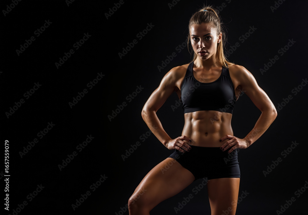 Fototapeta premium Woman with defined abs in powerful stance pose on black background. Athletic body confidence content for fitness center promotional banners