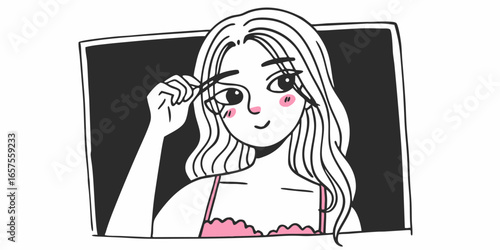 Illustration of a girl plucking her eyebrows with tweezers in front of a black framed mirror image art on transparent background