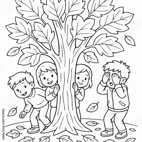 Coloring page for kids - Children playing hide and seek around a large tree in autumn  