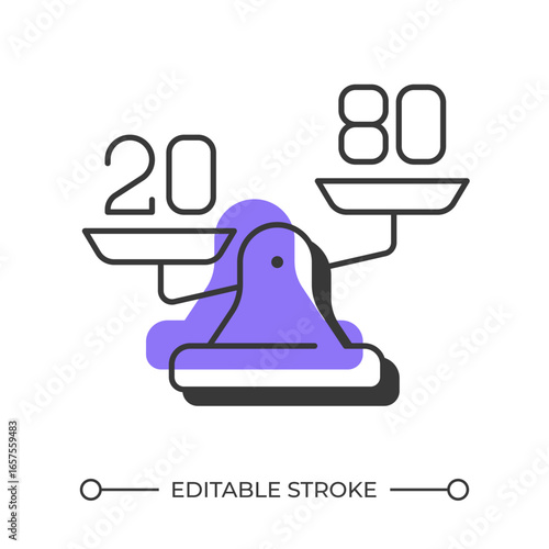 Scales imbalance offset shadow line icon. Pareto principle, 20 80. Measurement tool, instrument. Bold outline symbol with solid purple fill. Modern flat illustration. Editable stroke