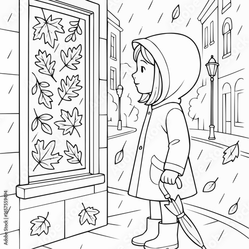 Coloring page for kids - Young girl with umbrella looking at leaves in rainy autumn street  