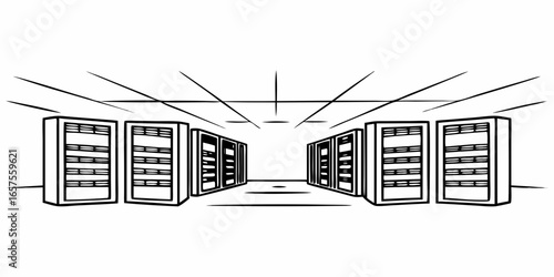 Illustration of a server room with multiple racks and perspective lines creating a sense of depth and space on transparent background